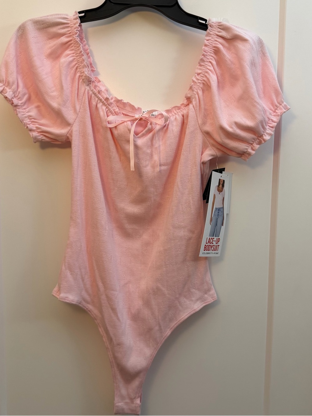 Small size Lace-Up Pink puff sleeves Bodysuit